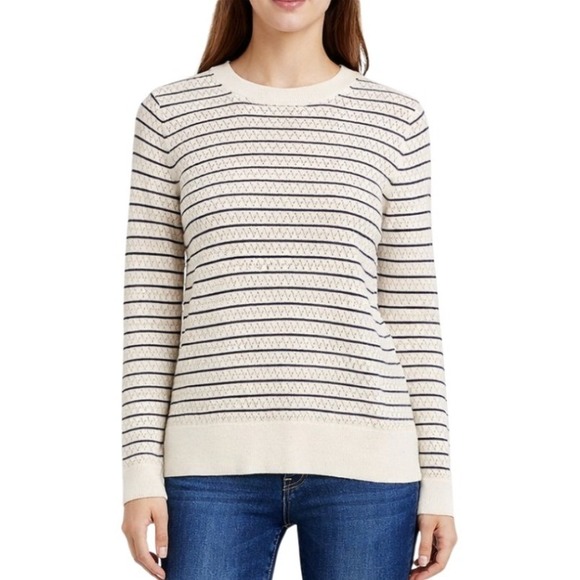 Tory Burch Sweaters - Tory Burch Sport Women Ivory Navy Blue Striped Pointelle Knit Crewneck Sweater M